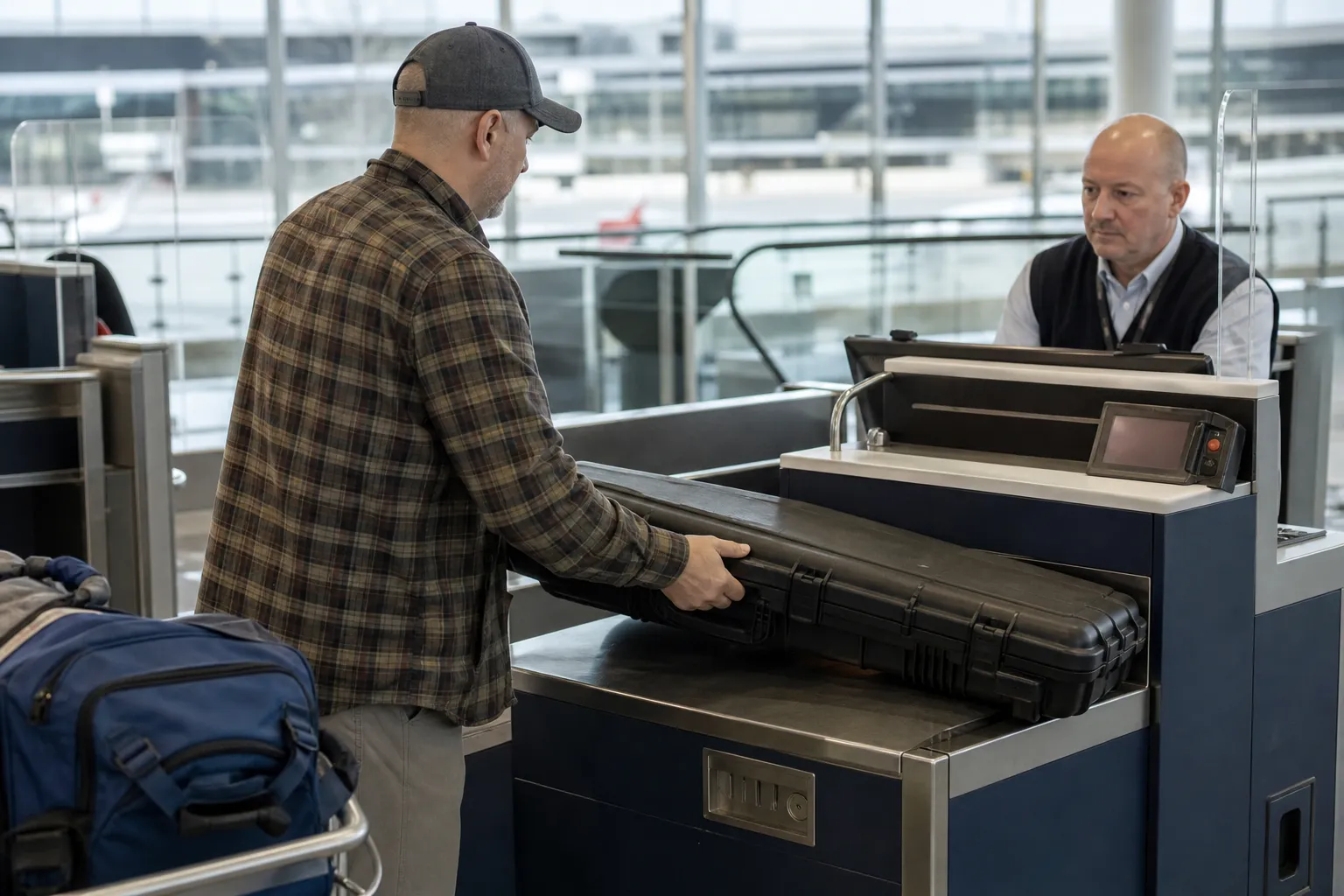 A traveler prepares a locked firearm case for screening at a Canadian airport counter.