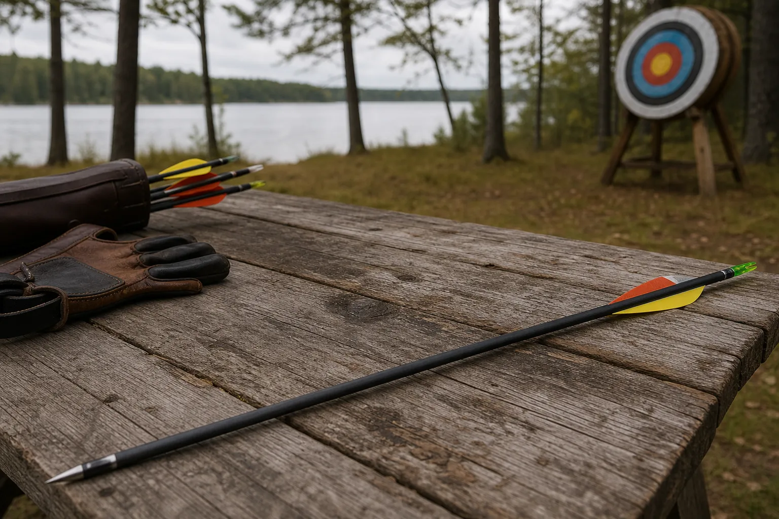 A finished arrow with its shaft, point, fletching and nock arranged on a wooden table in outdoor light.