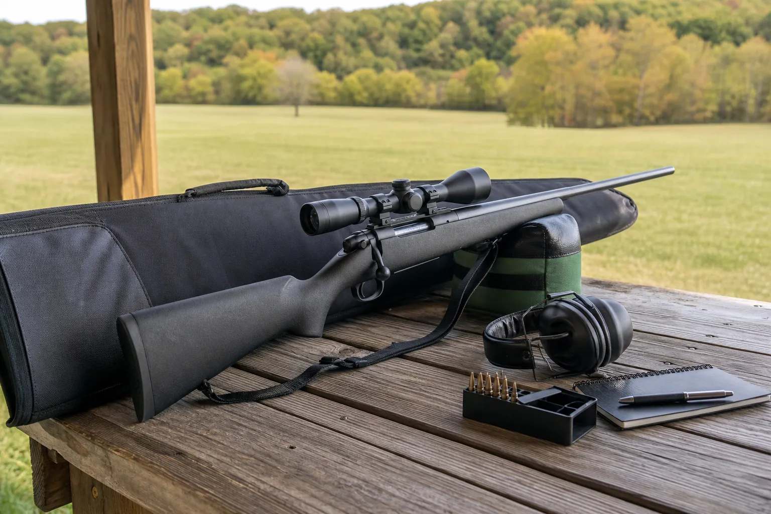 A rifle with a mounted scope rests safely on a shooting bench beside simple range gear.