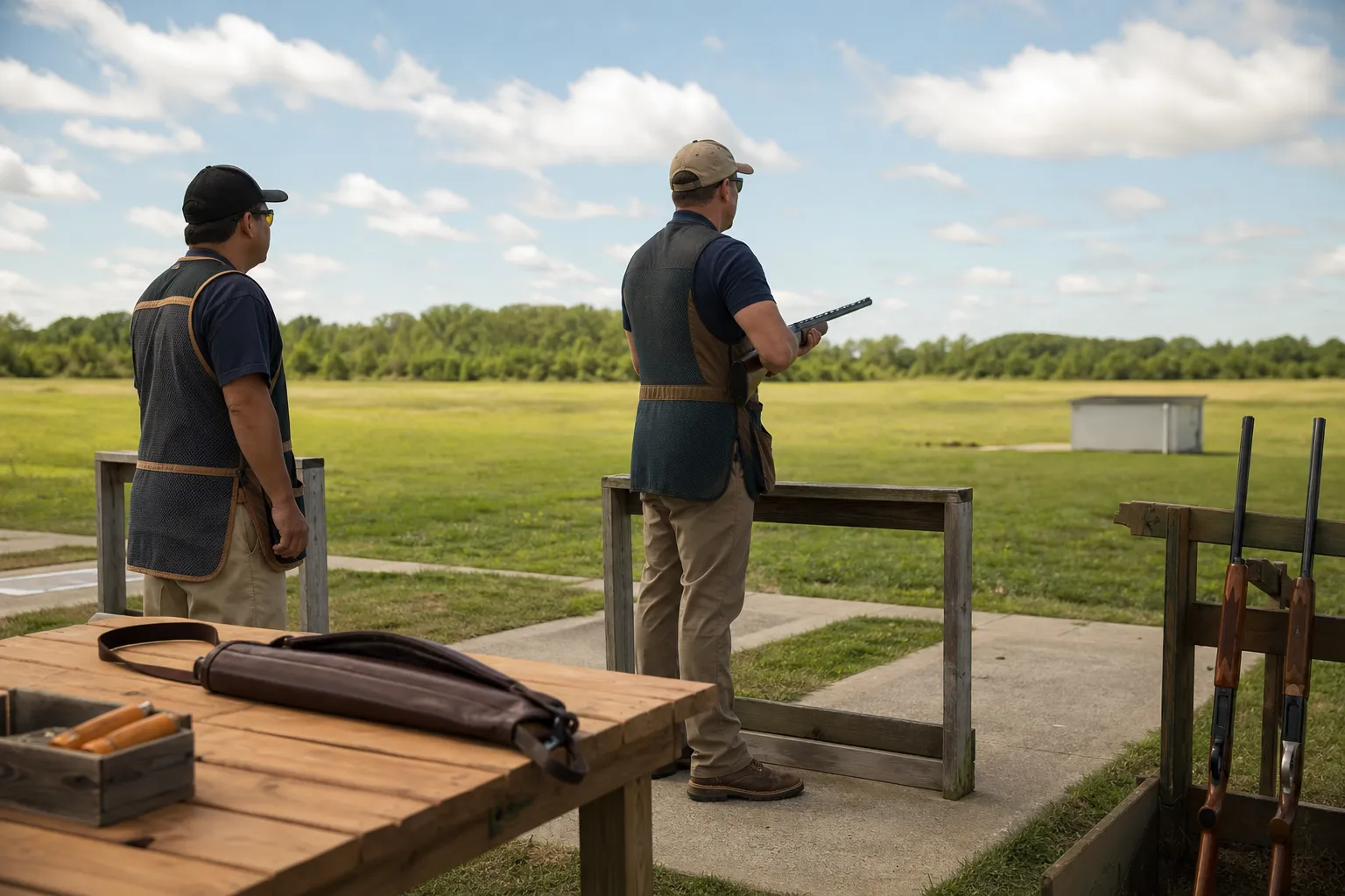 An adult shooter stands at a clay target range with a generic shotgun pointed safely downrange.