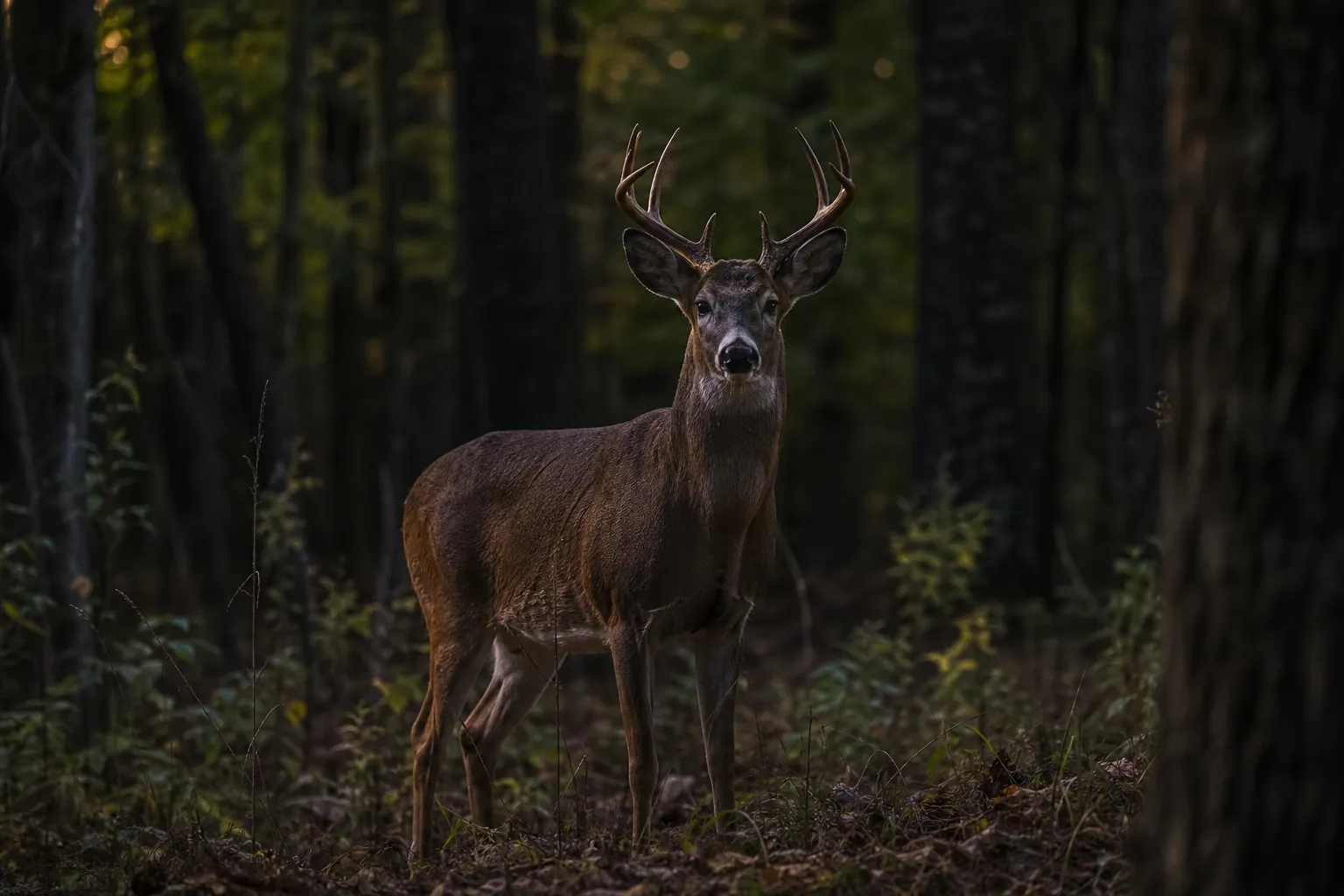 A whitetail deer stands alert in low light under dark trees in the woods.