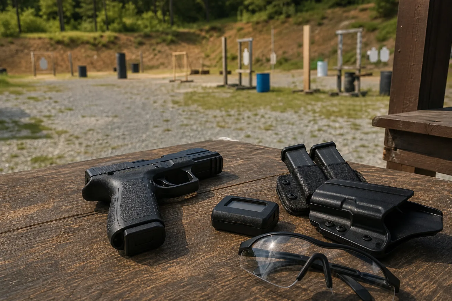 A modern double stack pistol and competition gear resting on a shooting bench at an outdoor range.