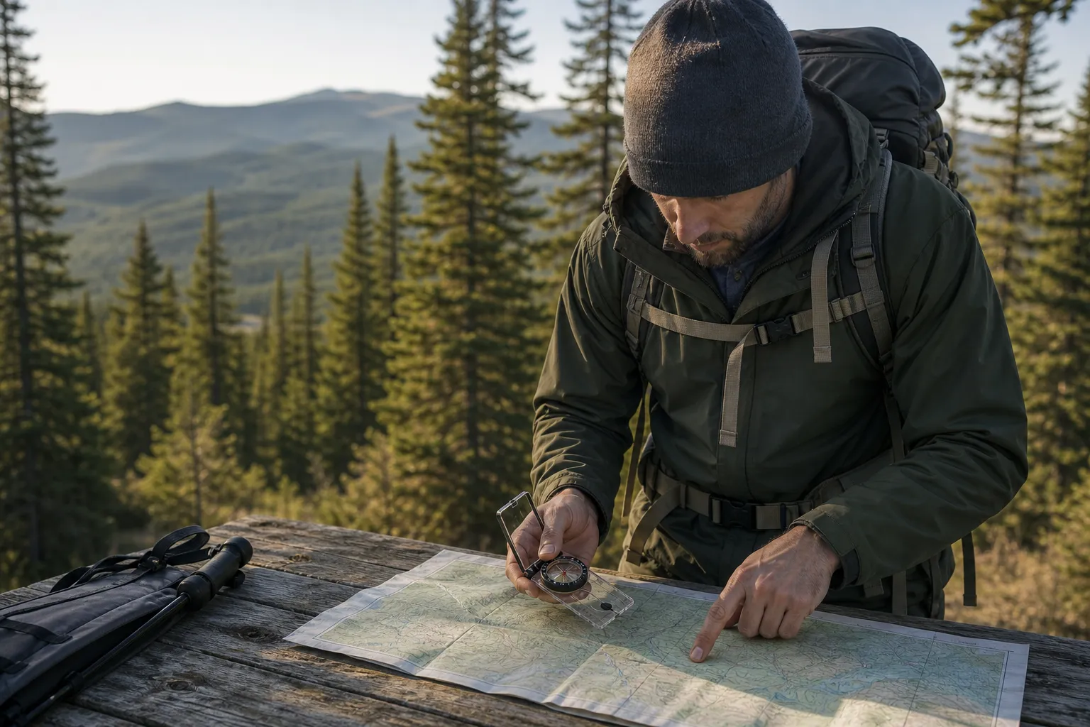 A hiker studies a paper map and compass at a picnic table in a forested outdoor setting.