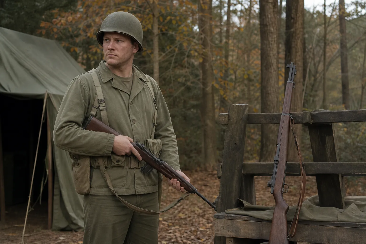 A WWII era soldier stands in a wooded camp holding a light carbine safely beside a full size rifle on a rack.