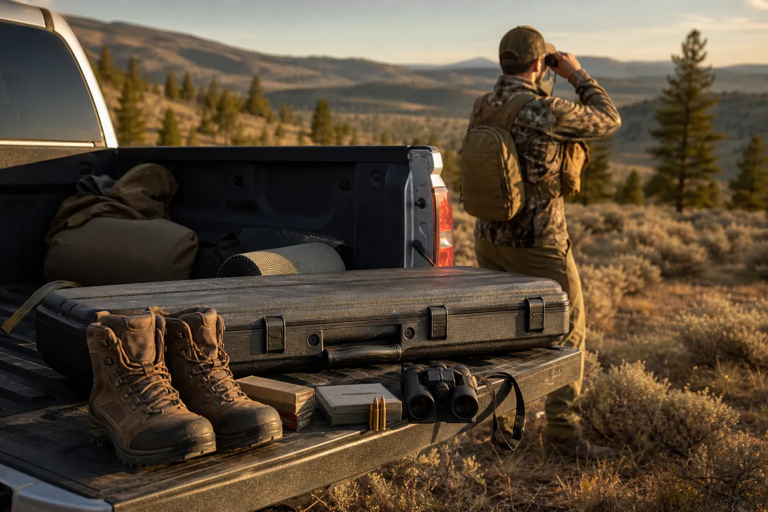A closed rifle case, ammunition, and hunting gear sit on a truck tailgate in a hunting camp setting.