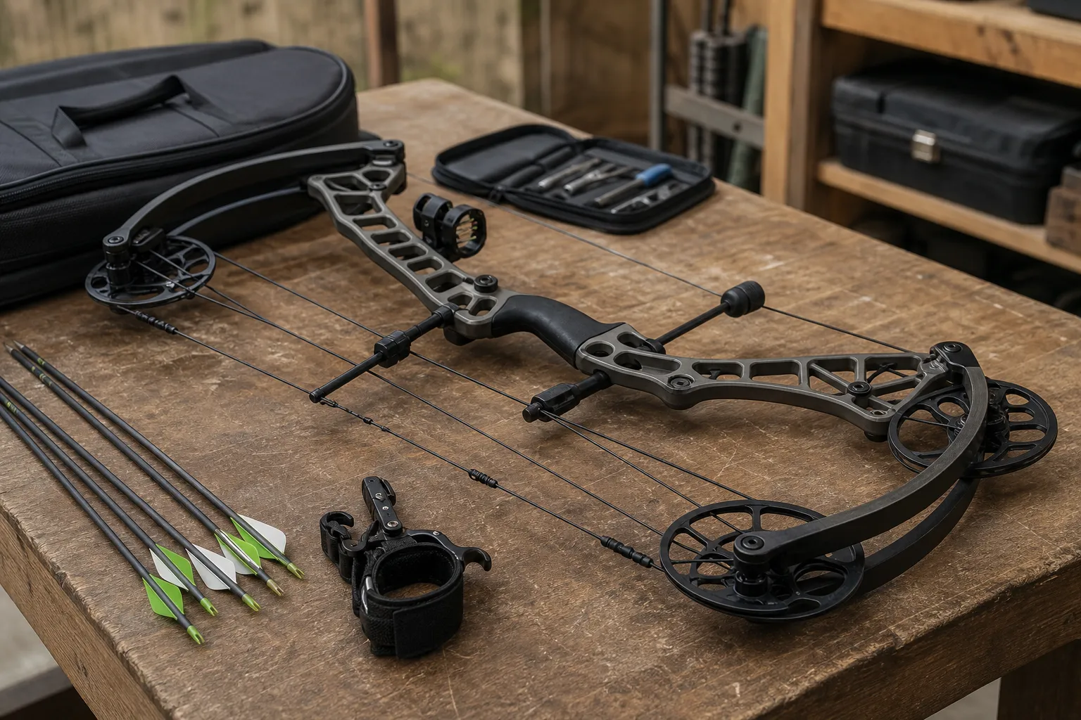 A compound bow on a bench beside arrows and archery gear, with the main parts visible.
