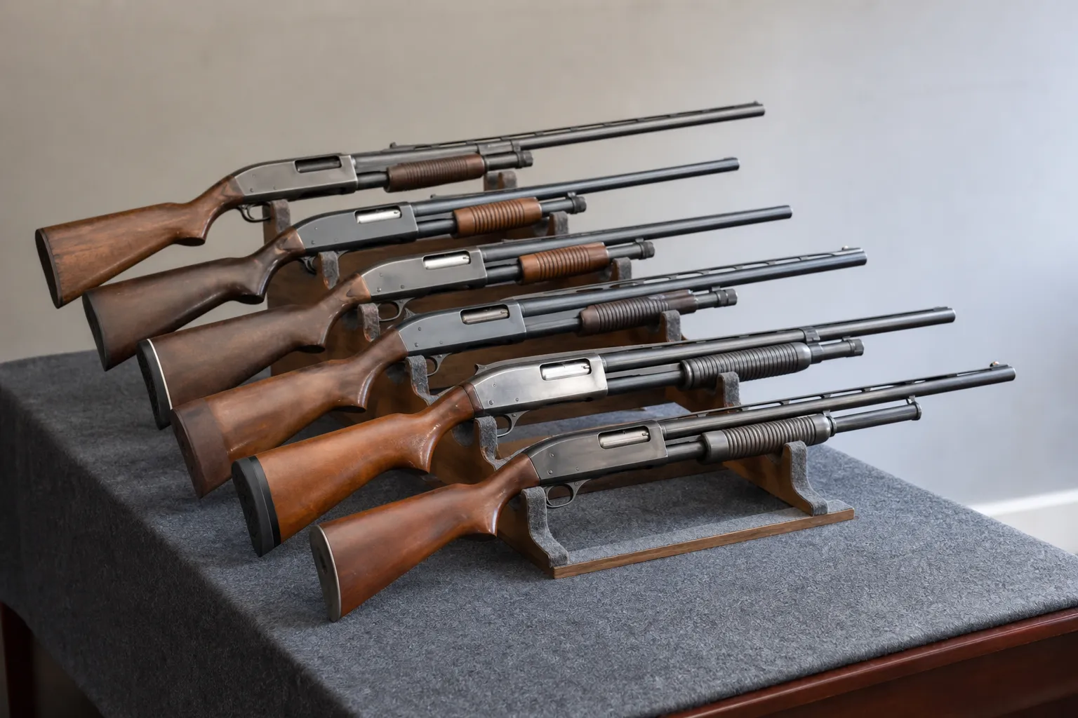 Several generic pump shotguns are displayed side by side to show different styles and lengths.