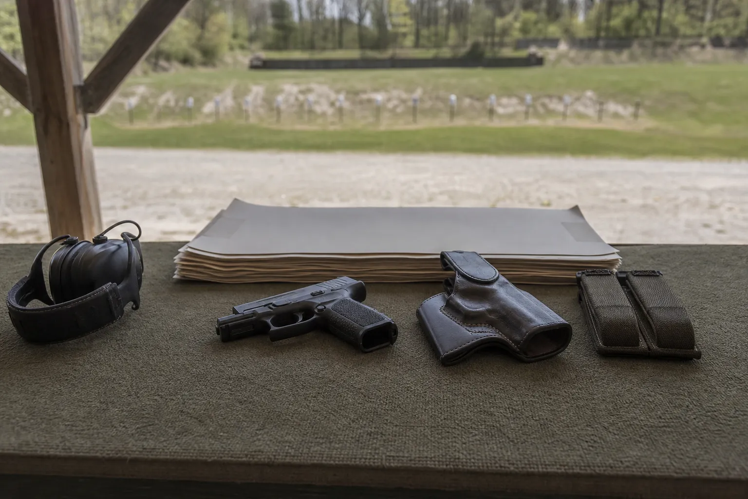 A service pistol and range gear resting on a military training bench in a documentary style scene.