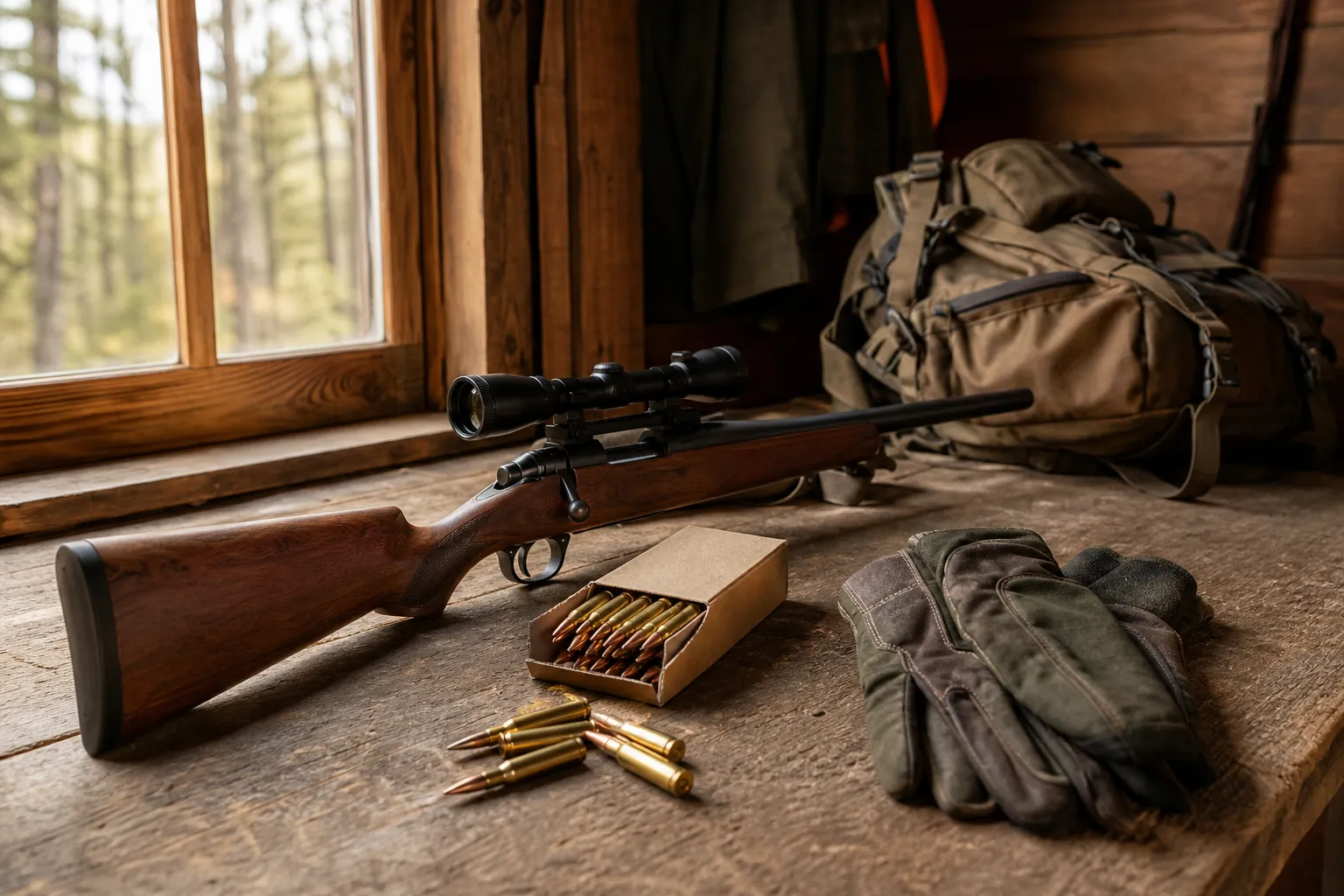 A rifle, cartridges, gloves, and hunting gear are arranged on a table in a rustic cabin workshop.