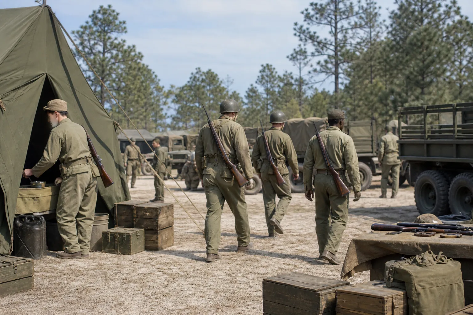 Soldiers in a WWII camp carry light carbines while moving between tents and vehicles.