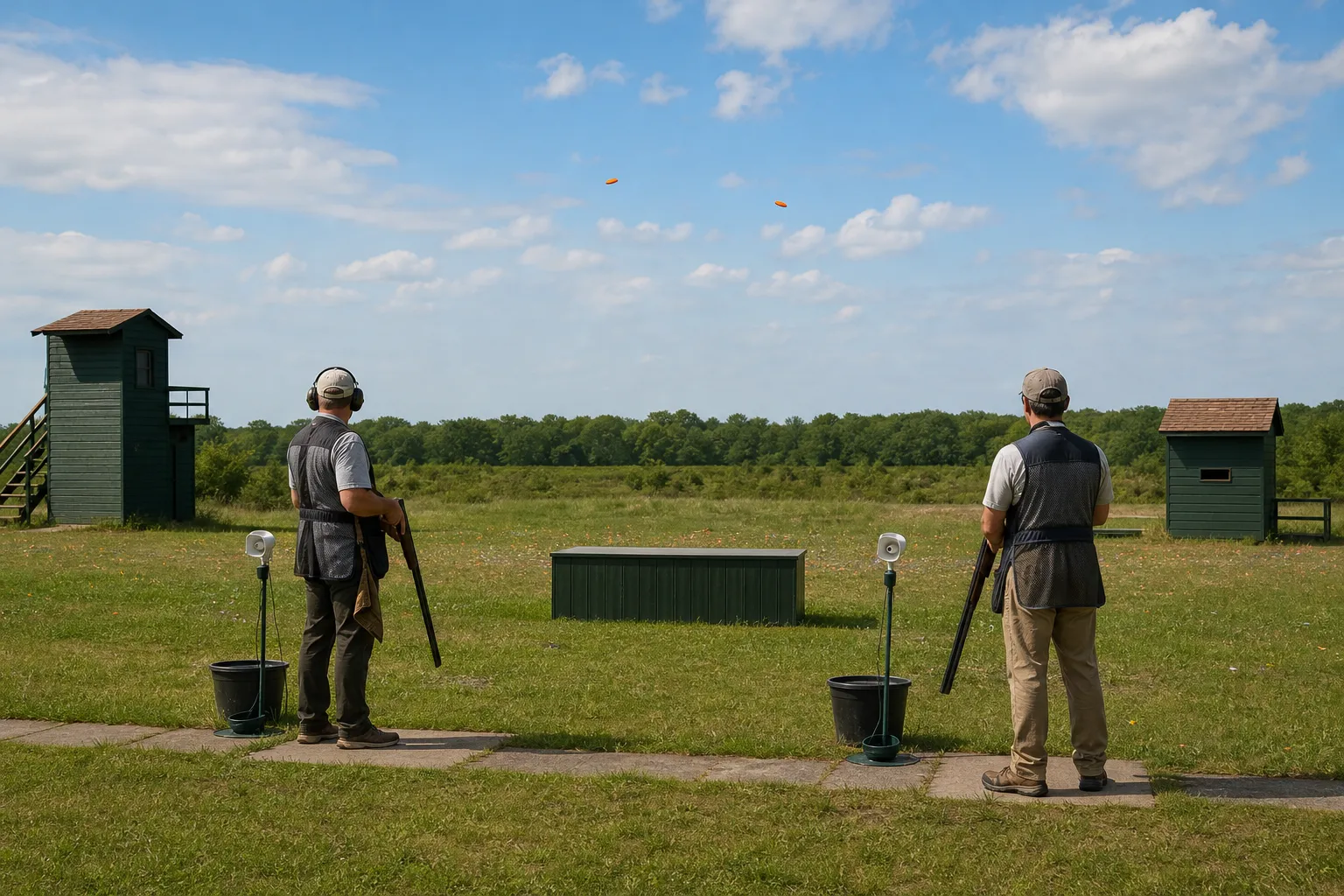 An outdoor skeet field with two target houses and orange clays crossing above the stations.