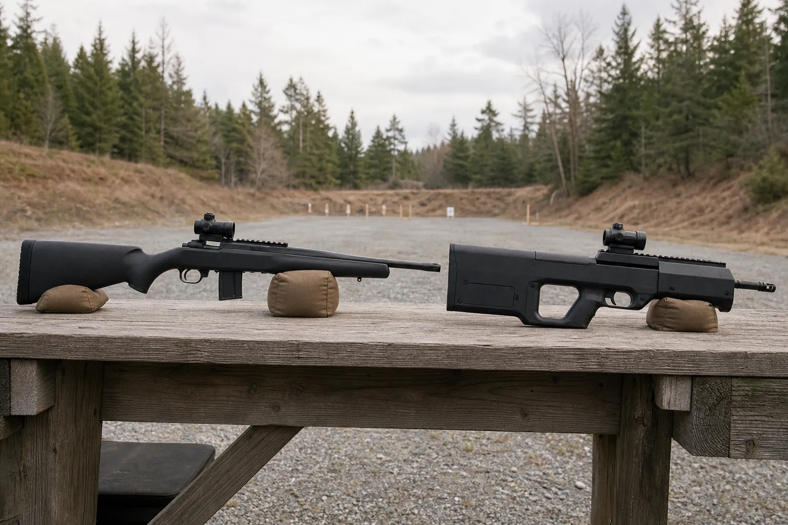 Two safe rifles resting on a bench, one traditional and one bullpup, to show the difference in overall length.