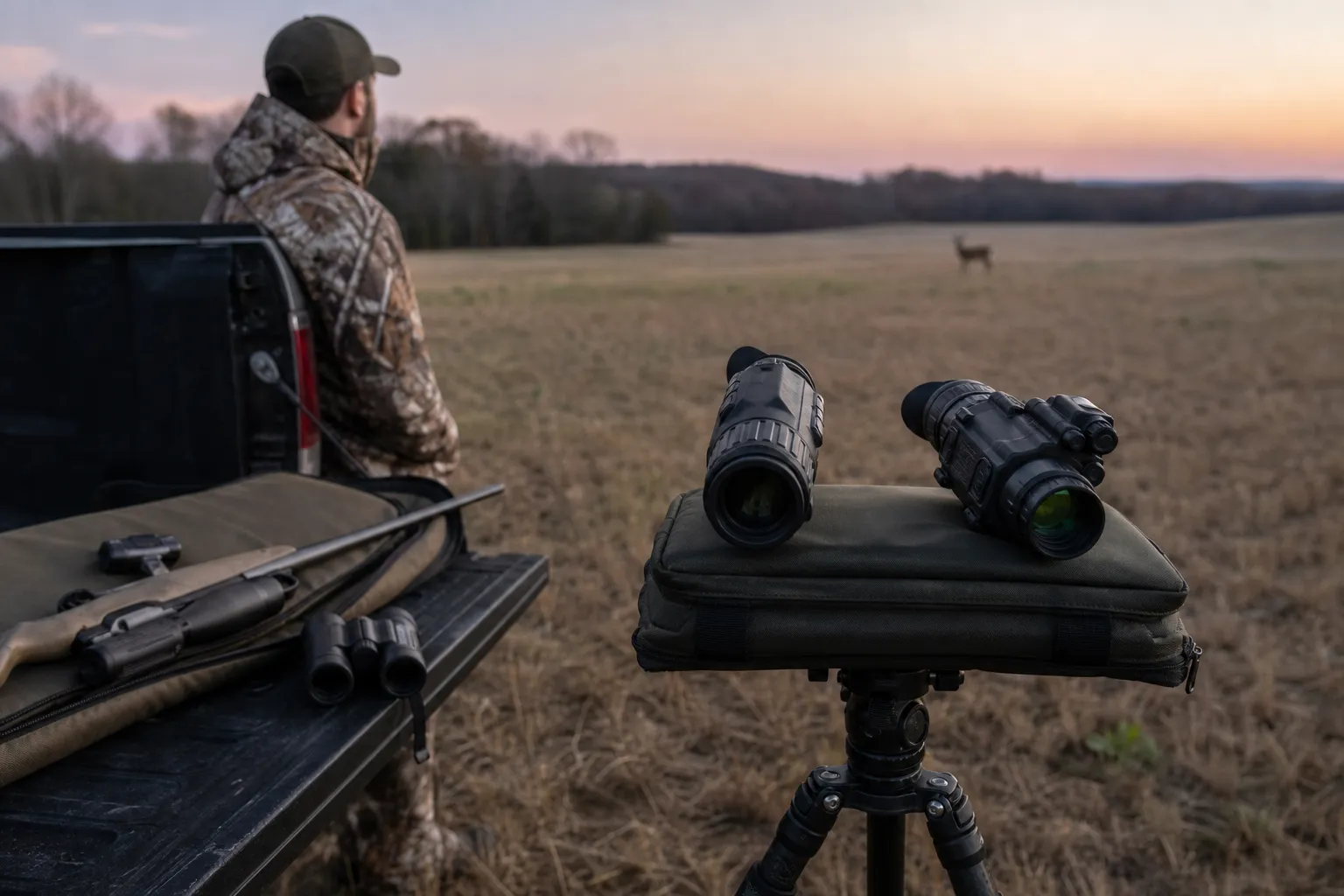 A hunter stands beside a truck at dusk with safe gear laid out, including thermal and night vision optics, in a rural field.