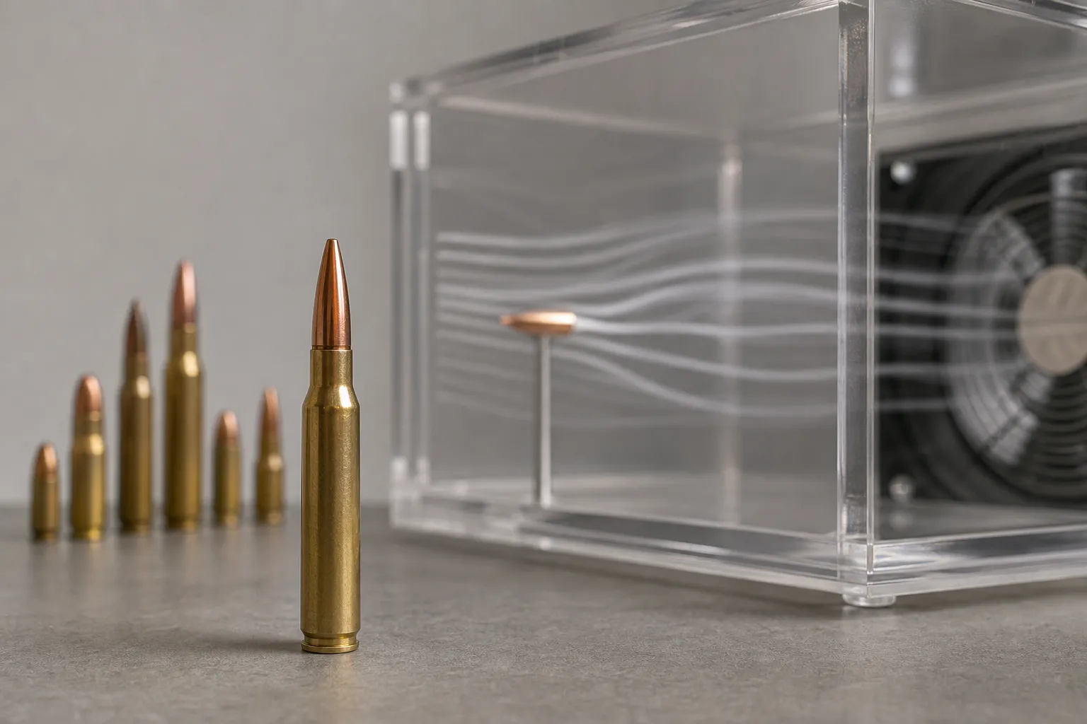 Several different bullet shapes are arranged in a clean studio style scene to compare how form affects air resistance.