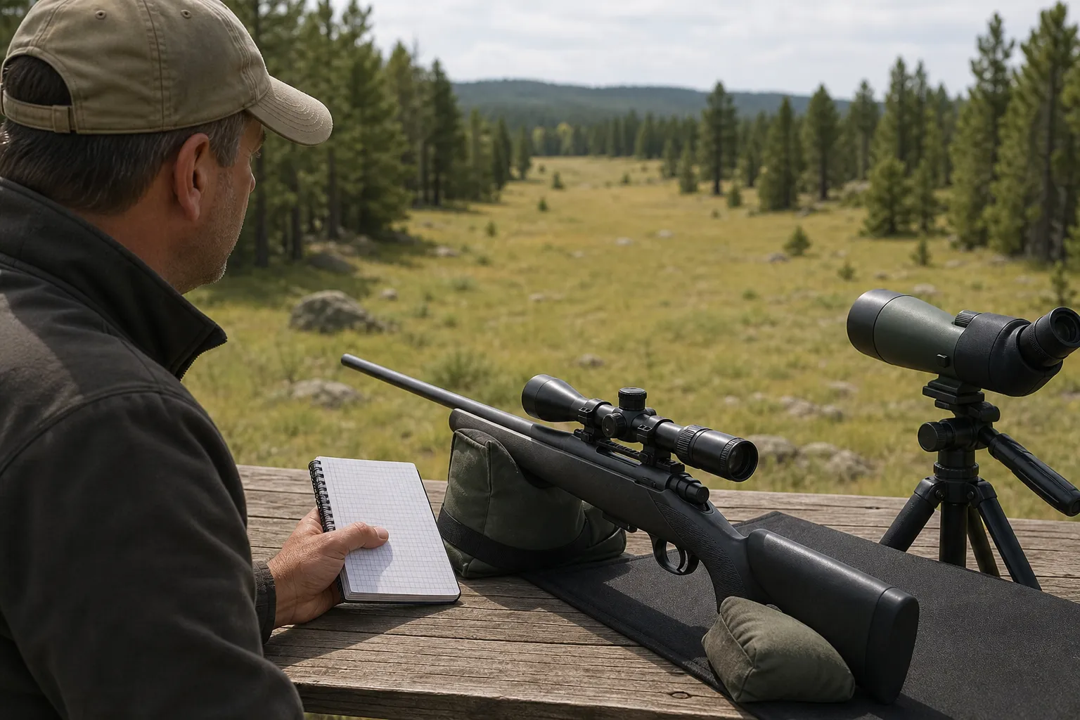 A rifle lies on a bench at a range while an adult shooter studies the target area and considers a wind adjustment.