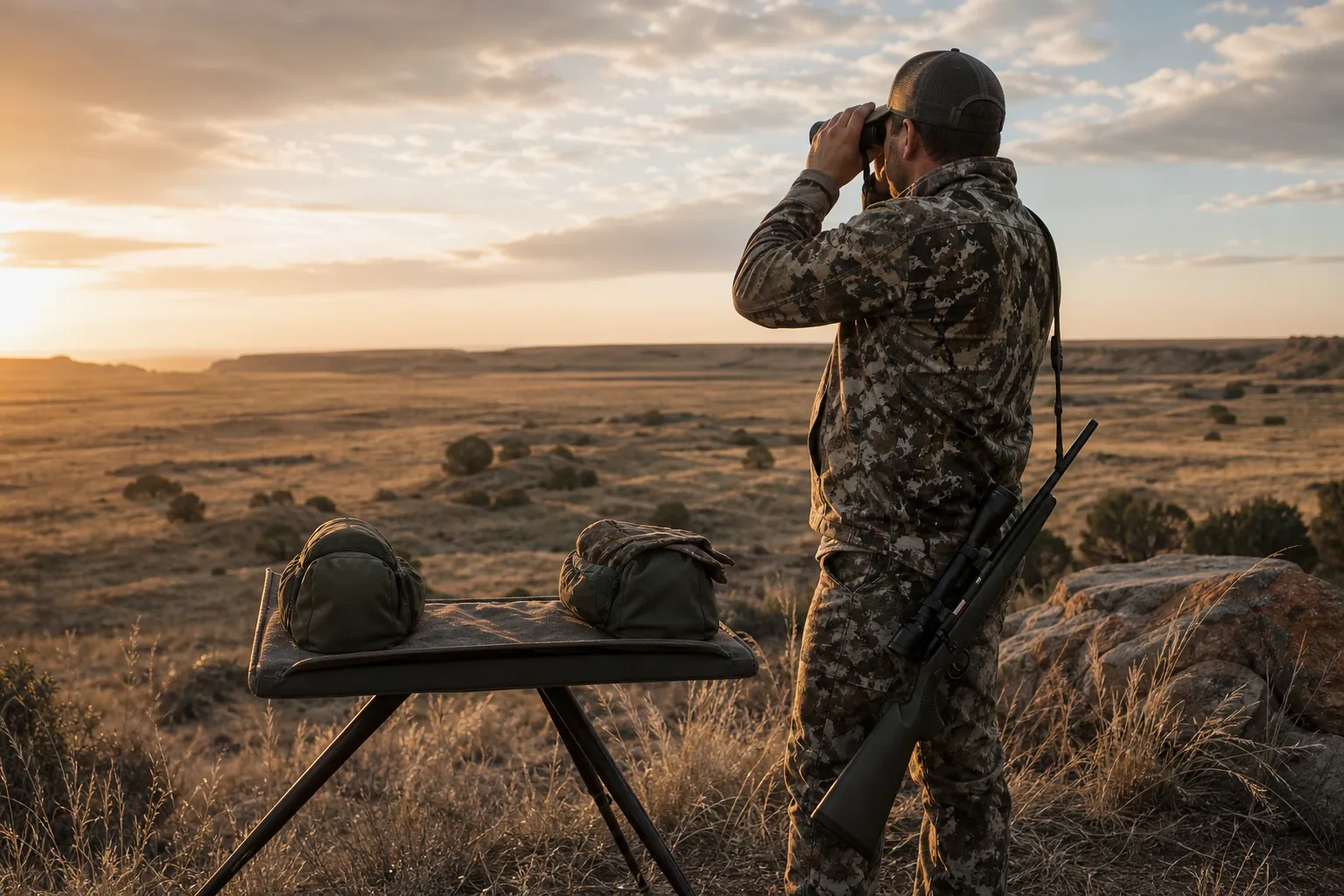 An adult hunter stands in a prairie field with binoculars and a safely cased rifle, suggesting predator hunting.