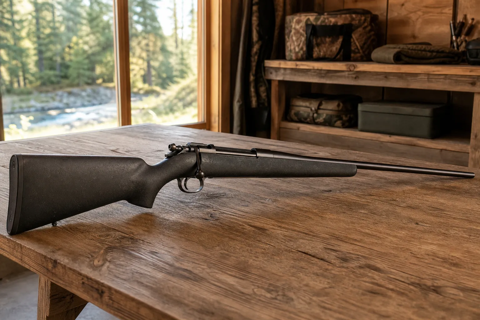 A rifle lying on a table is framed to highlight its three main groups: barrel, action, and stock.