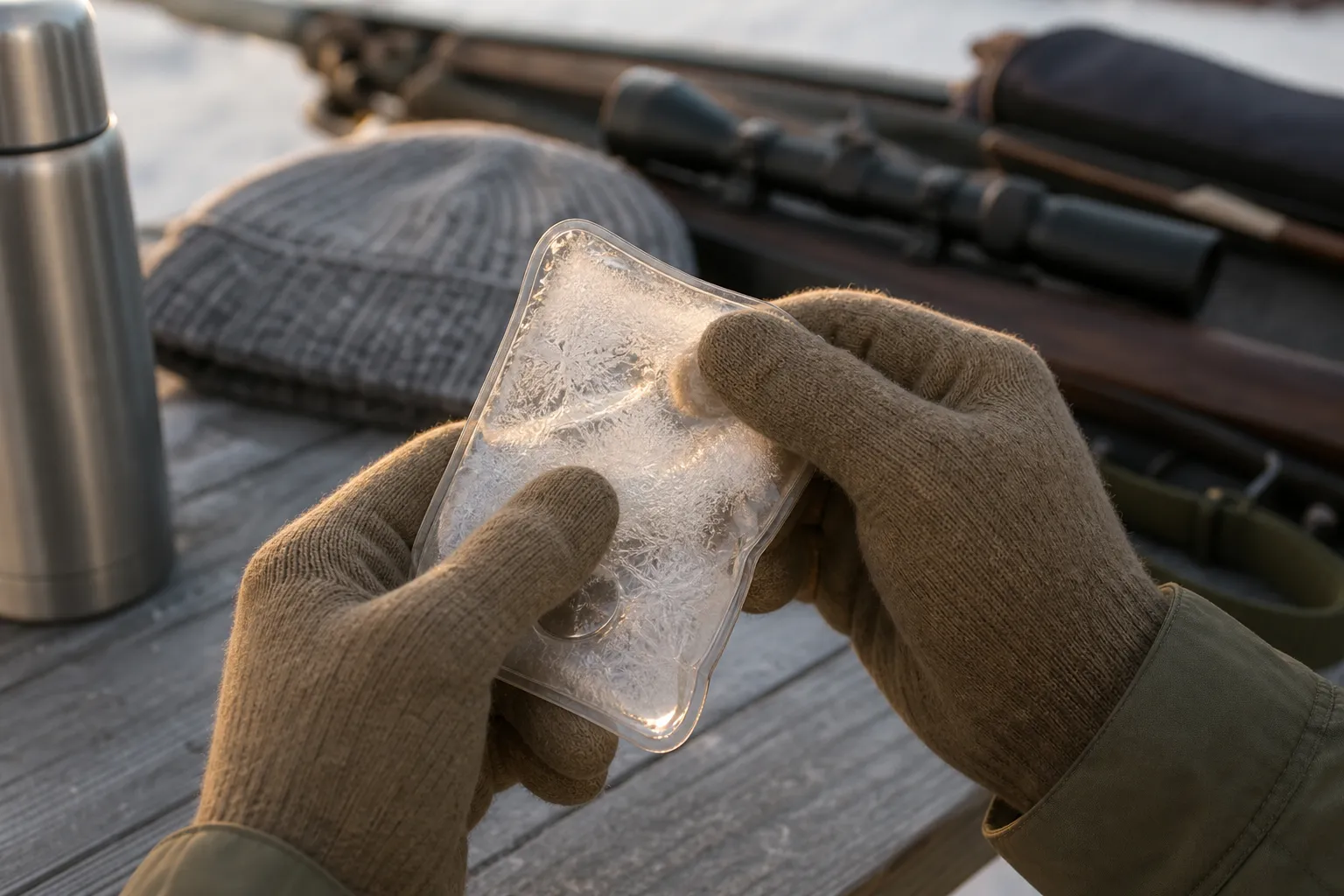 A gloved person holds a reusable hand warmer pack as the liquid inside begins to crystallize.