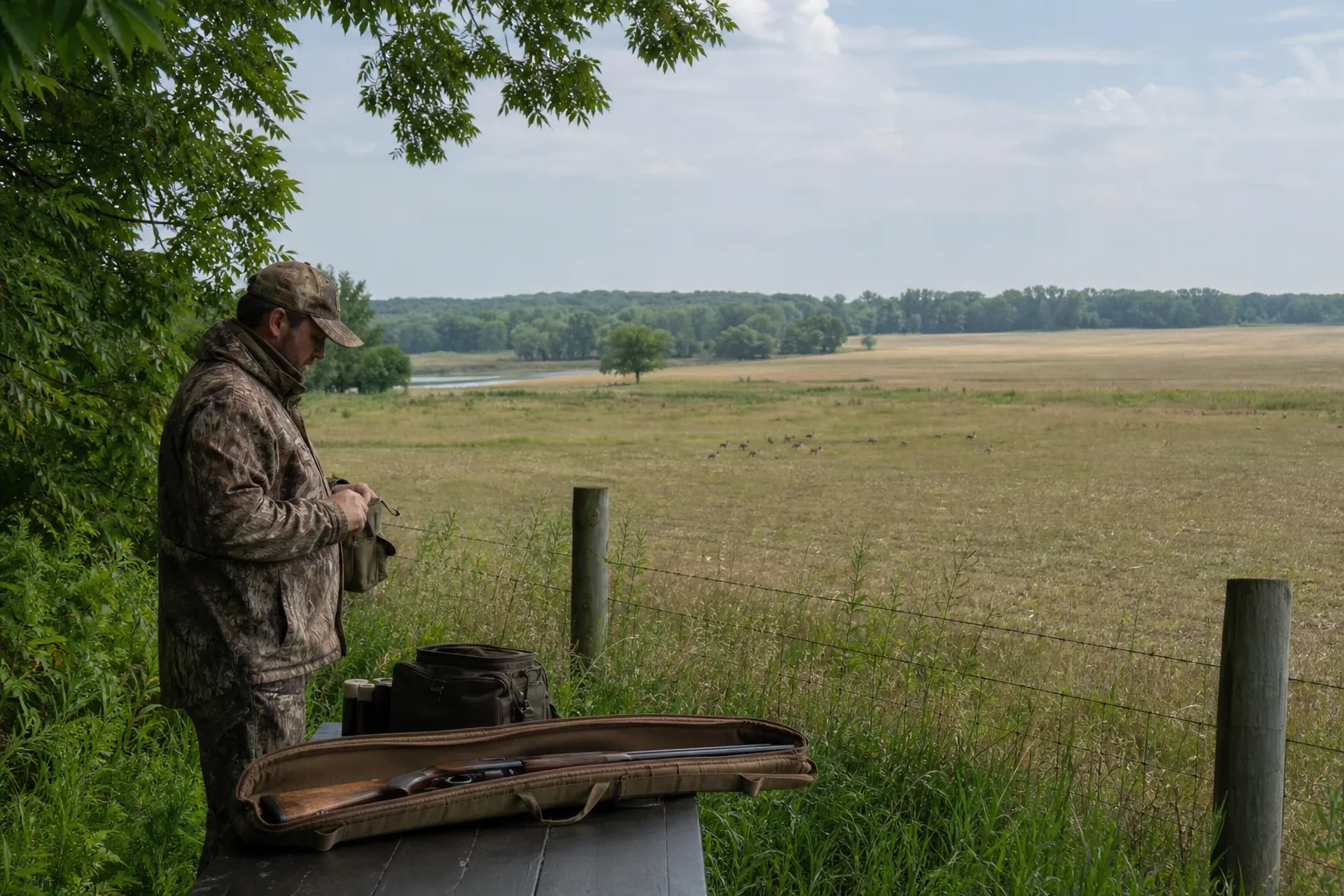 A shotgun case lies beside a rural field with open space beyond it.