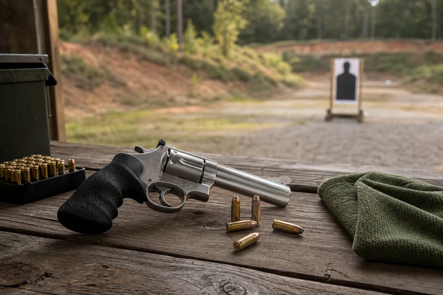 A revolver rests safely on a shooting bench beside cartridges at an outdoor range.