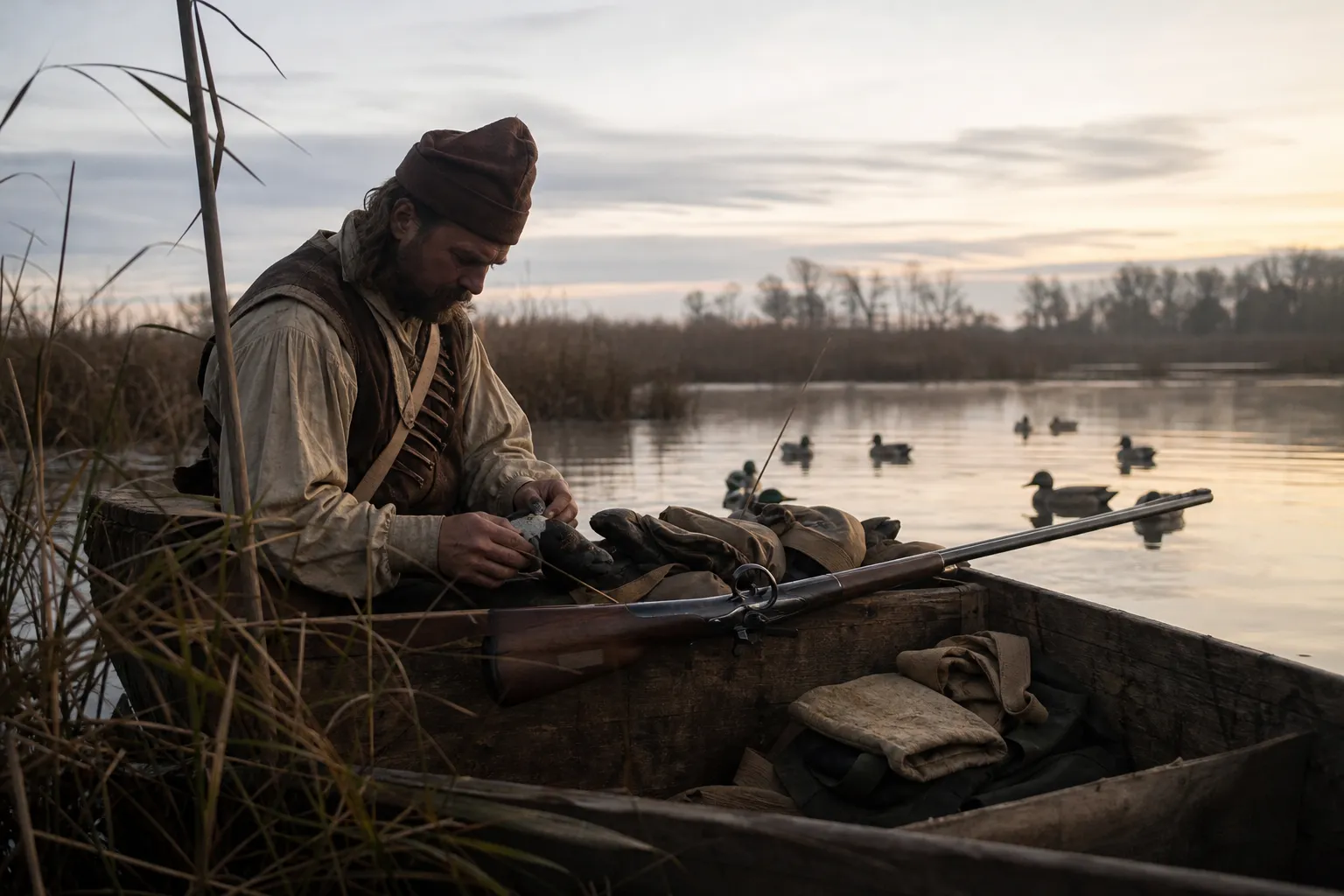 A historical waterfowl hunter in a small punt boat with a punt gun secured safely at dawn in a marsh.