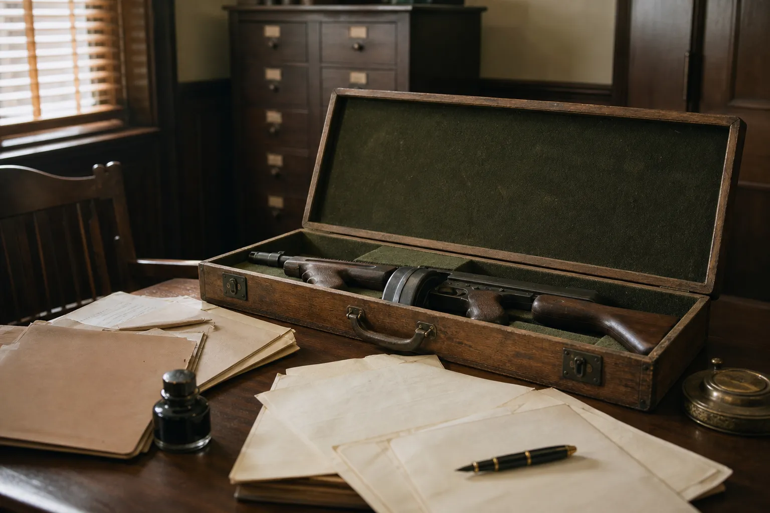 A firearm case and period paperwork sit on a desk in a quiet office like setting.