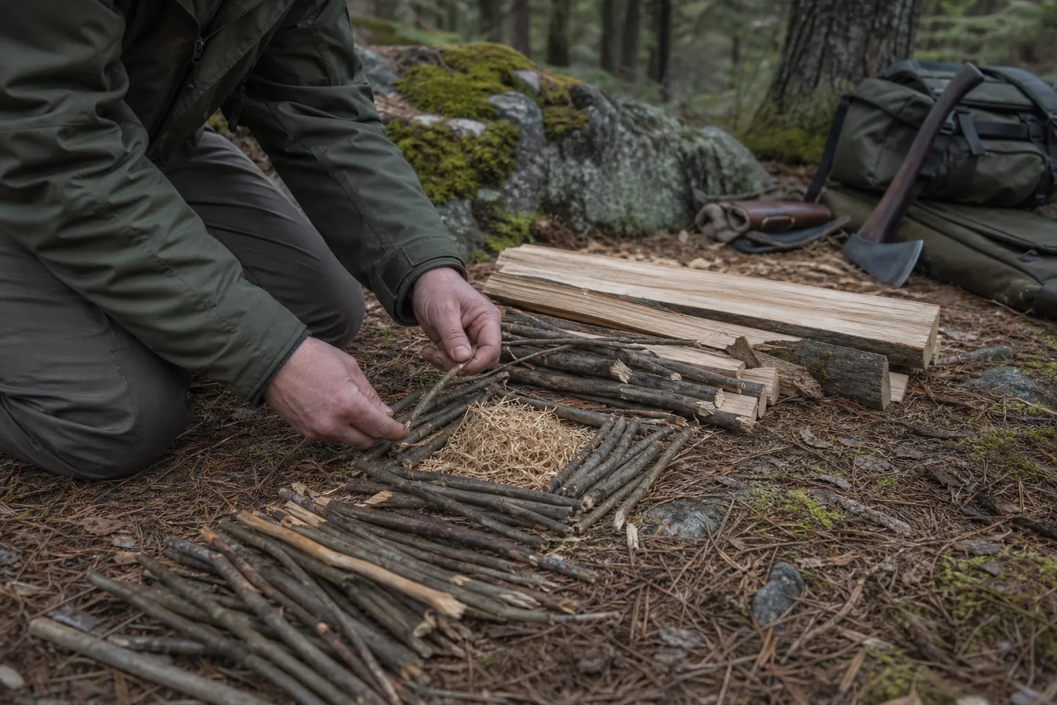 Dry tinder, kindling, and fuel wood are sorted into separate piles at a campsite.