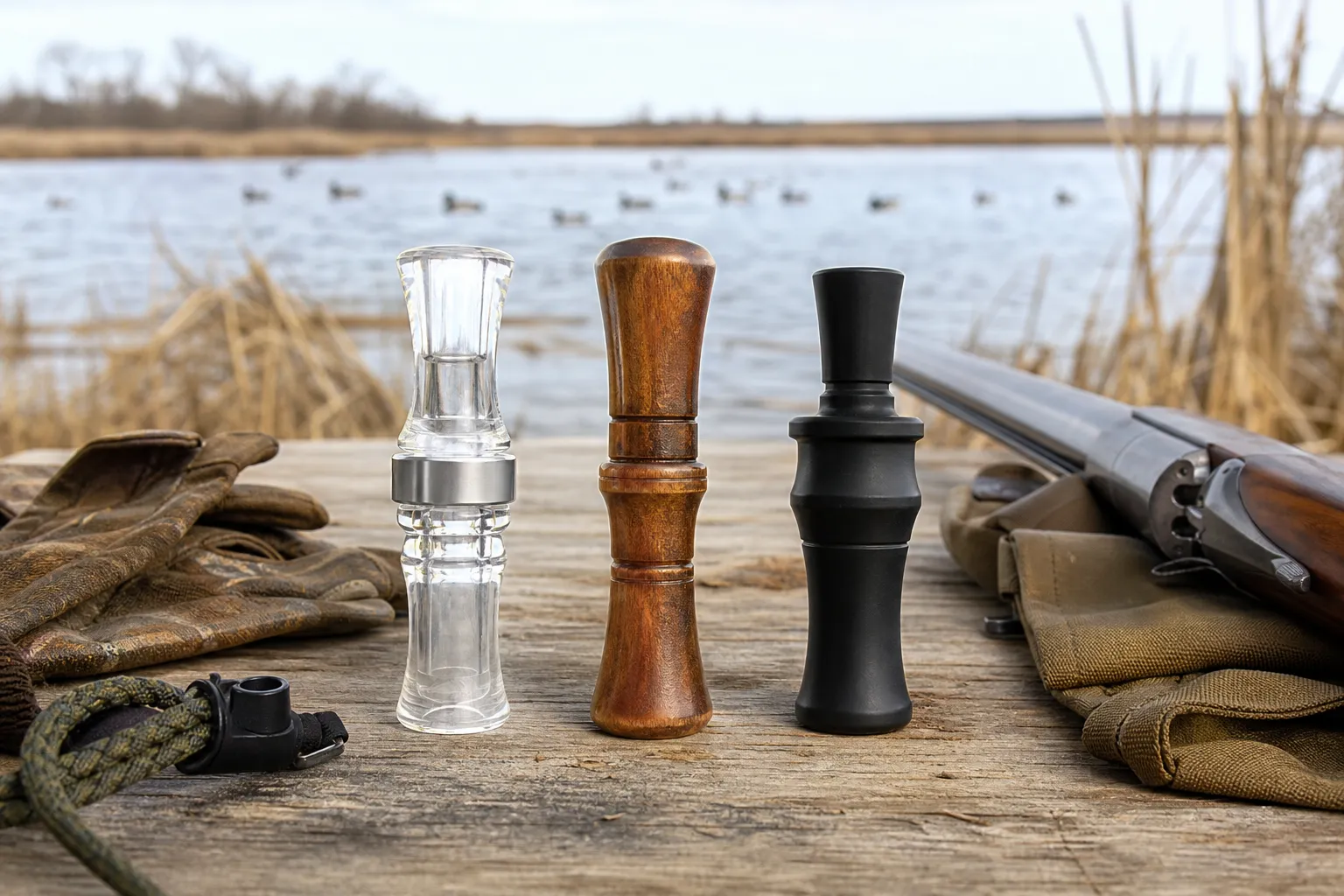 Three duck calls with different finishes sit on a wooden table.