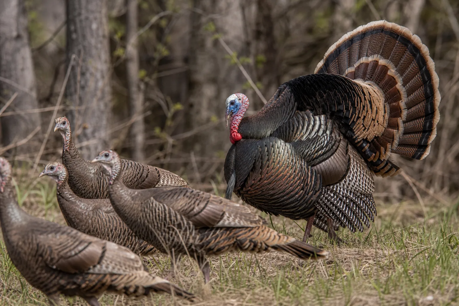 A wild turkey tom displaying to hens at the edge of a wooded clearing.