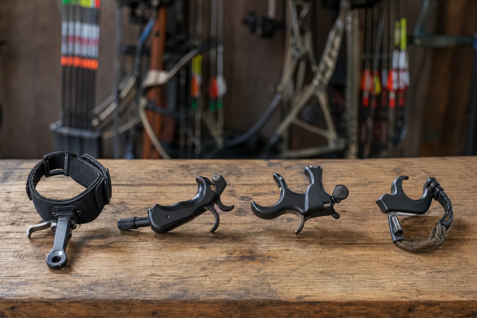 Four different bow release aids are arranged on a bench for comparison.
