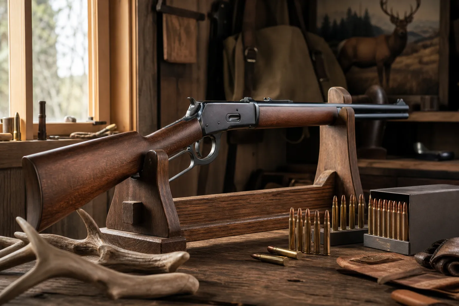 A classic rifle rests safely in a rustic workshop beside hunting cartridges and a modern ammunition box.