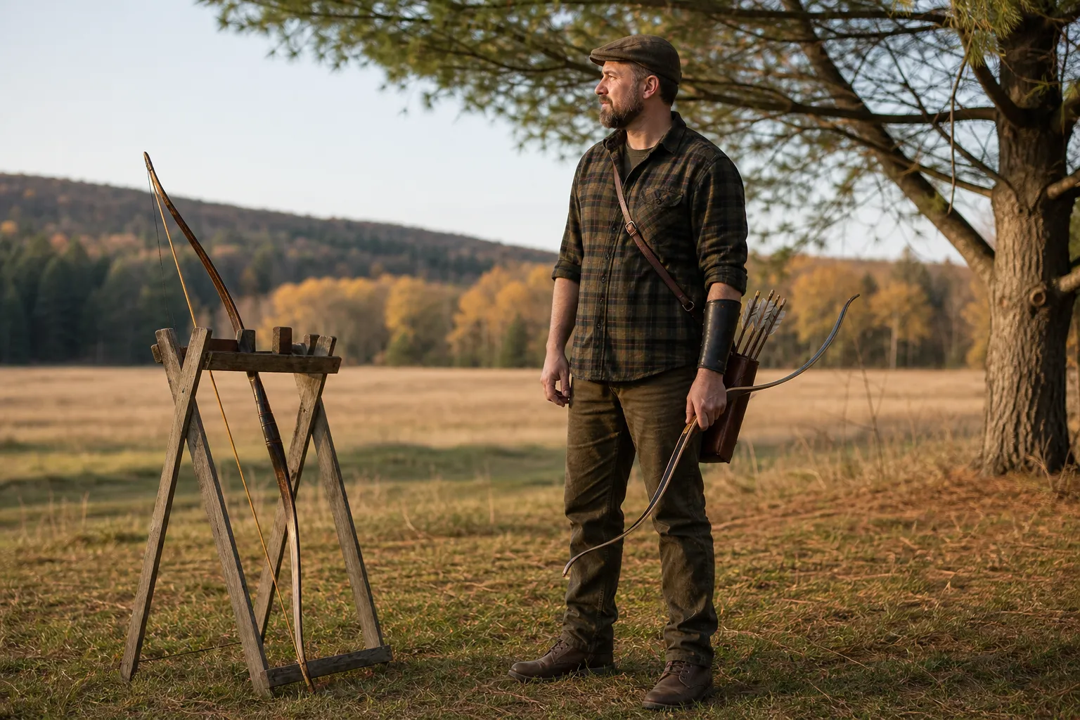 An adult archer stands with a recurve bow and a longbow in a quiet outdoor setting.