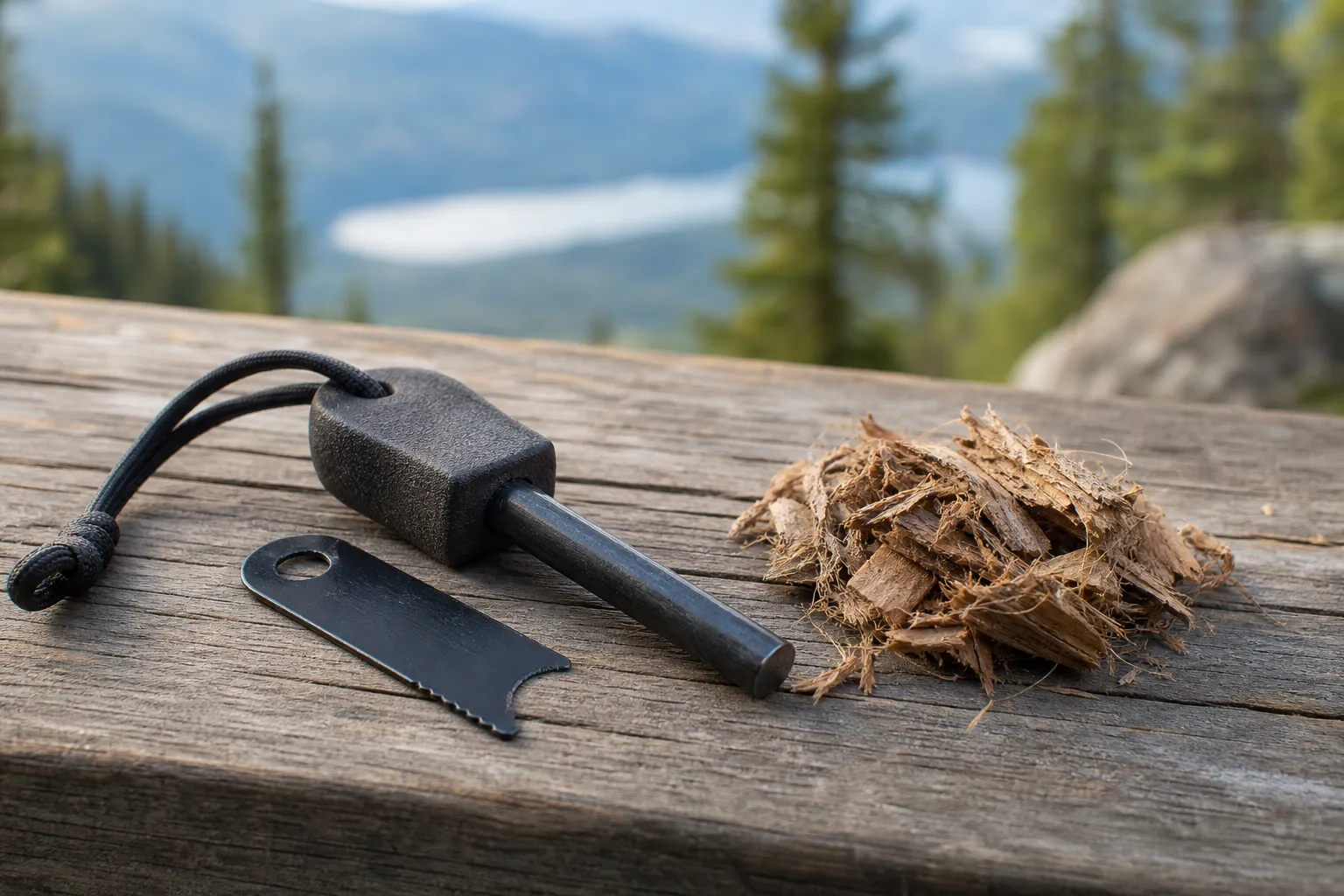 A ferrocerium rod, striker, and dry tinder sit on a wooden camp table.