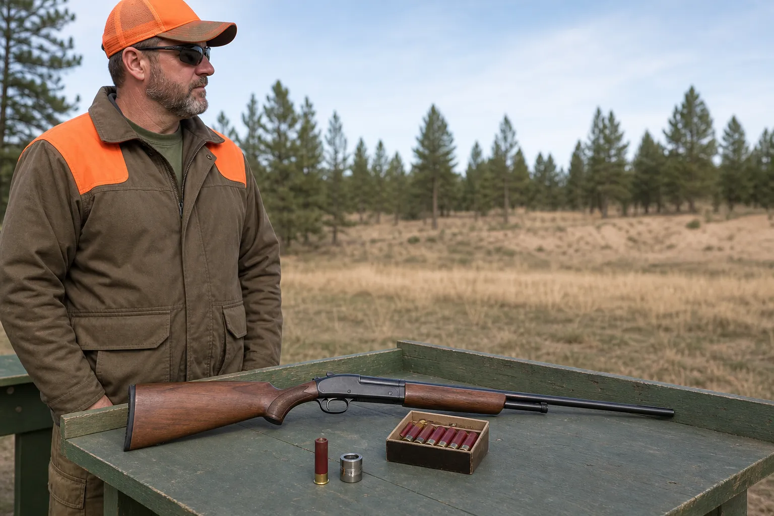 An adult stands beside an unloaded .410 shotgun resting safely on a shooting bench at an outdoor range with shells and a rural landscape in the background.