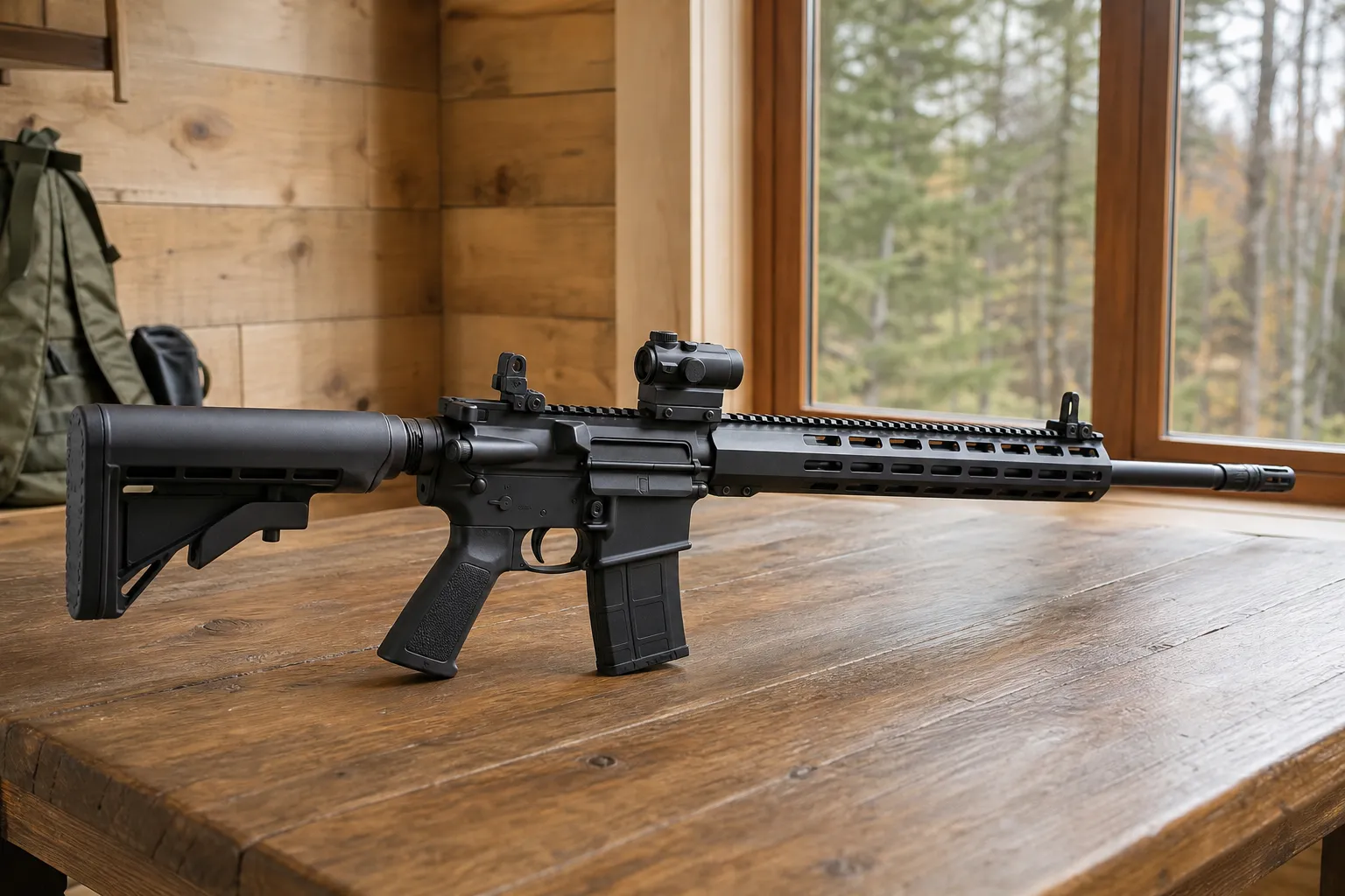 A modern rifle rests safely on a wooden table in a bright cabin, showing its barrel, action, stock, magazine, trigger area, and sights for study.