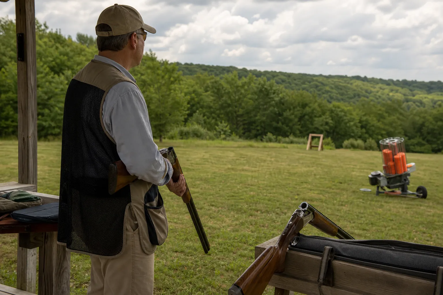 A shooter at a sporting clays range stands with a safe open over under shotgun while a side by side shotgun rests nearby.