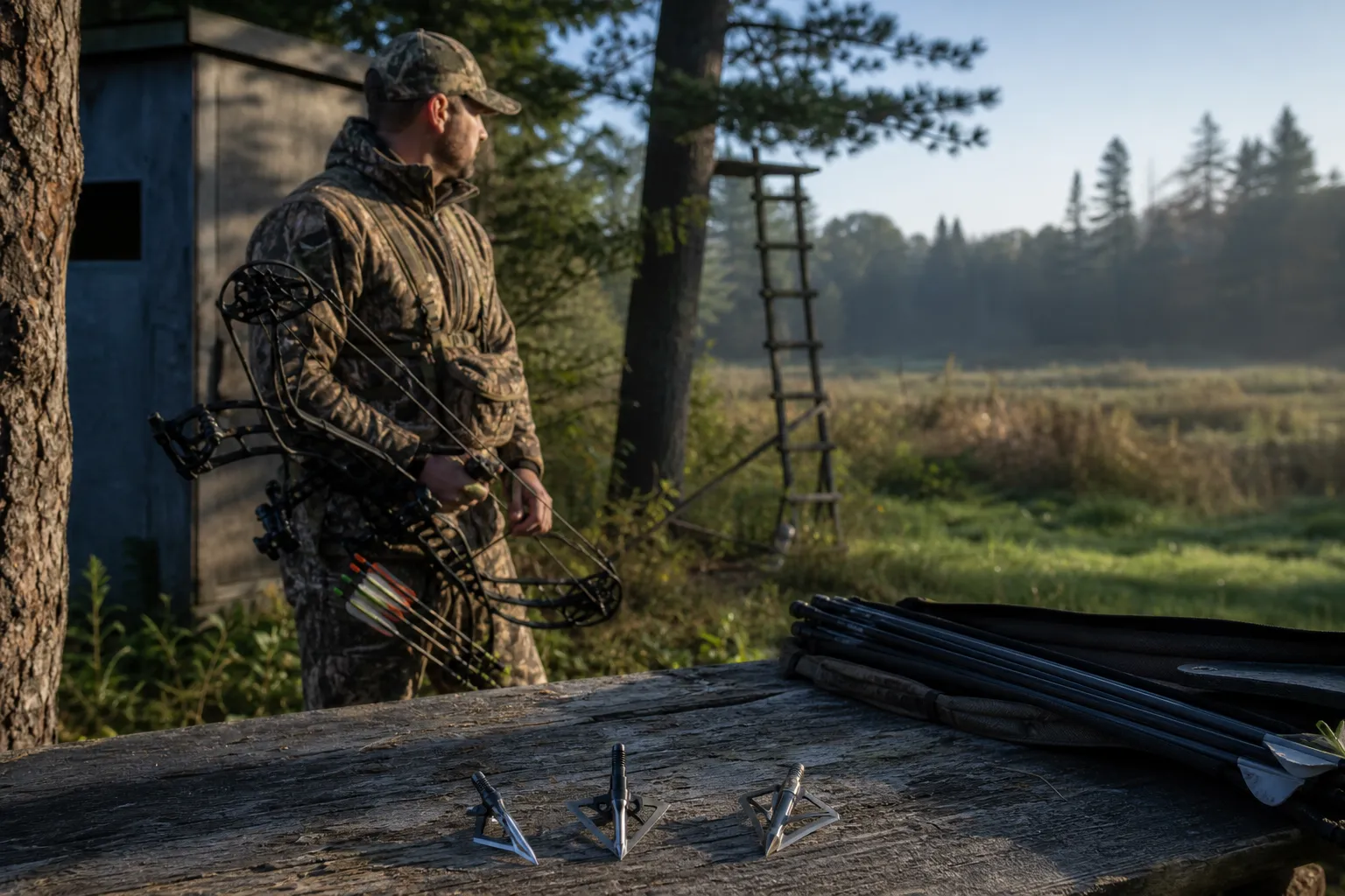 An adult hunter stands beside a woodland archery setup with generic broadheads displayed on a wooden table in the foreground.