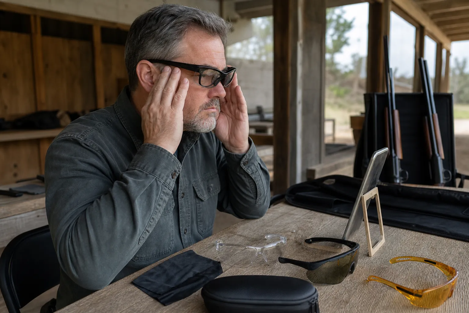 A person tries on wraparound shooting glasses over prescription glasses beside several tinted lens options.