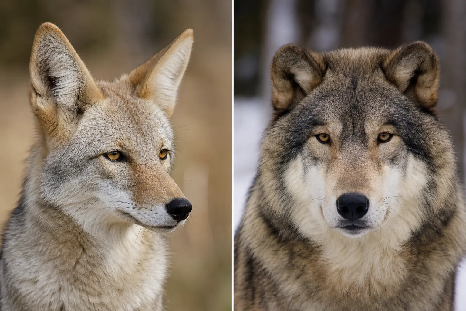Close portraits of a coyote and a wolf showing the difference between pointed ears and a narrower muzzle versus rounded ears and a broader muzzle.