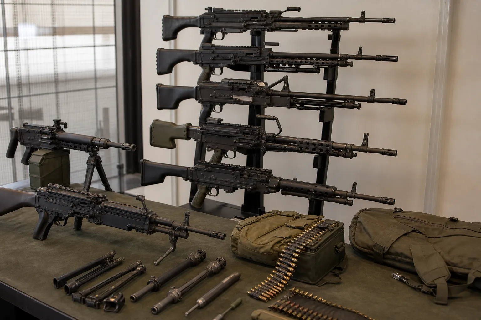 Several generic belt fed light machine guns and accessories displayed together for comparison.
