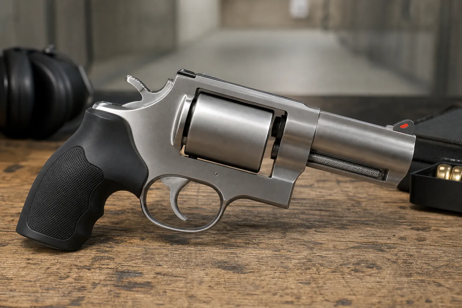 A revolver resting on a table, shown from the side so the small gap between the cylinder and barrel is visible.