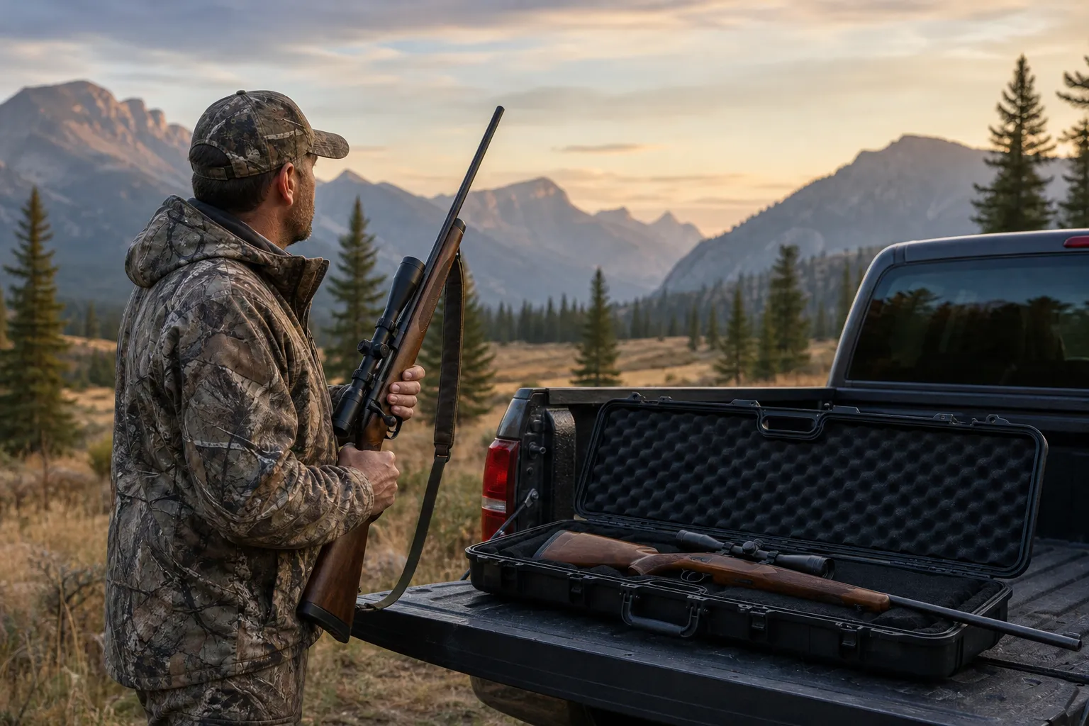An adult hunter stands beside a truck in a mountain clearing with two safely handled hunting rifles, one carried muzzle up and one resting in an open case.