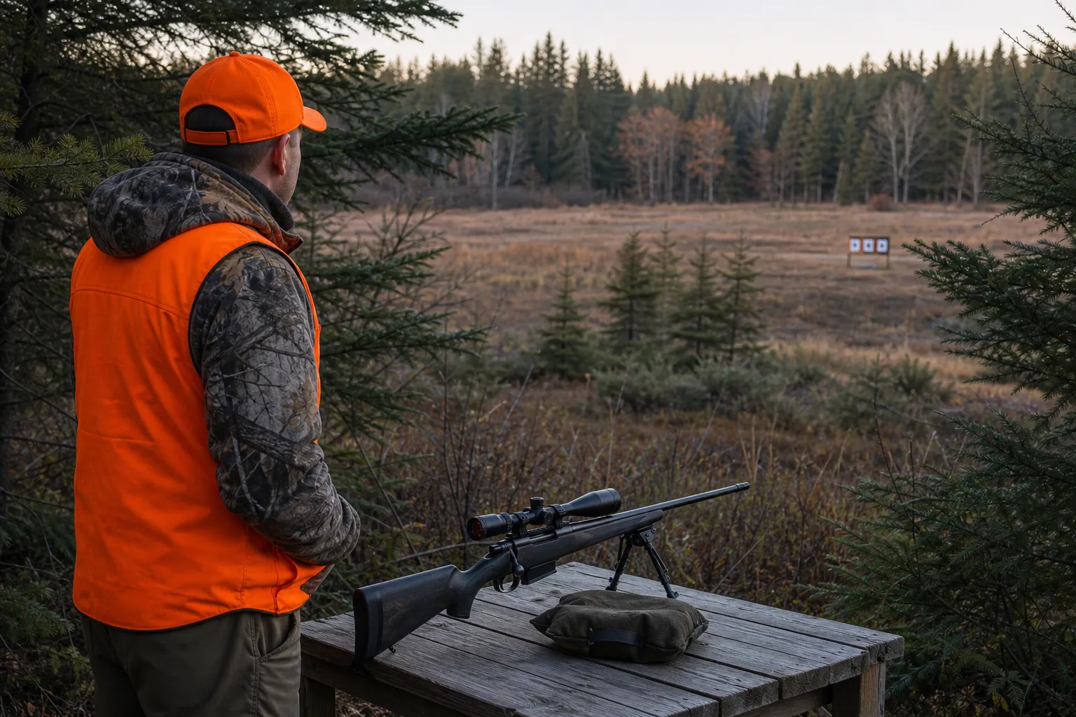 A hunter and a rifle at a field edge, with distant targets in a safe outdoor setting.