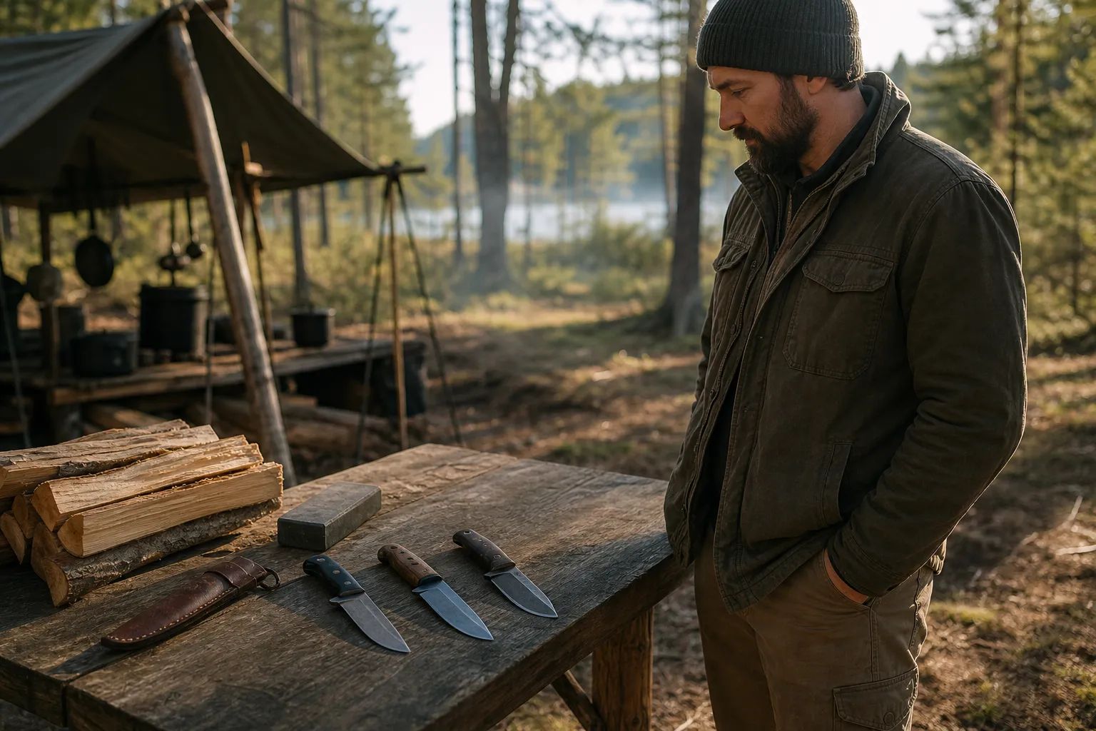 An outdoor camp table in a forest with several generic hunting knives, a sharpening stone, and a leather sheath laid out in natural light.