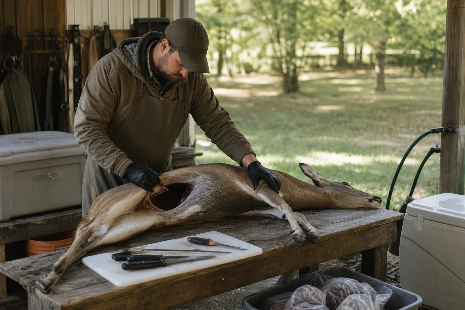 An adult hunter prepares to process a field dressed deer on a clean outdoor table with knives, coolers, and game bags nearby.