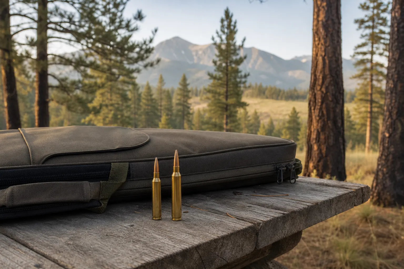 Two generic rifle cartridges resting on a wooden table beside a closed rifle case in a forest setting.