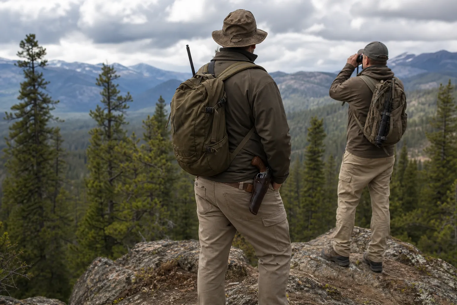 An adult hunter carries a holstered revolver while standing on a rocky overlook in a forested mountain setting.