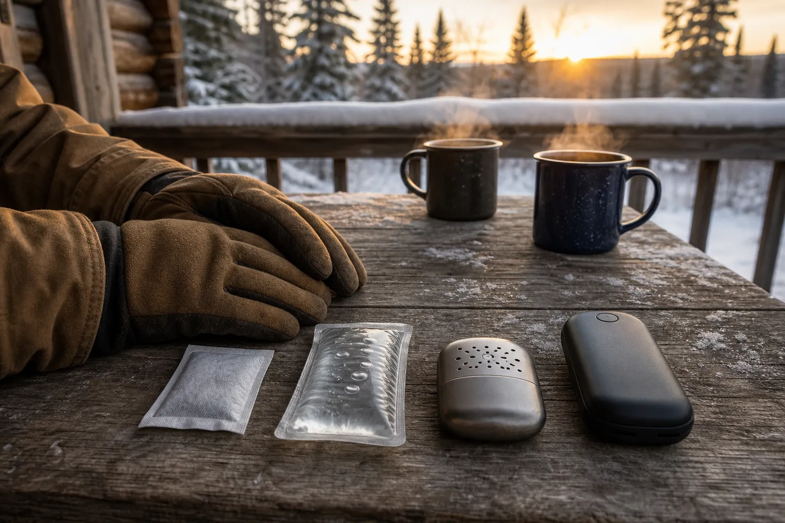 Gloved hands and several different hand warmers arranged on a snowy porch in a winter cabin setting.