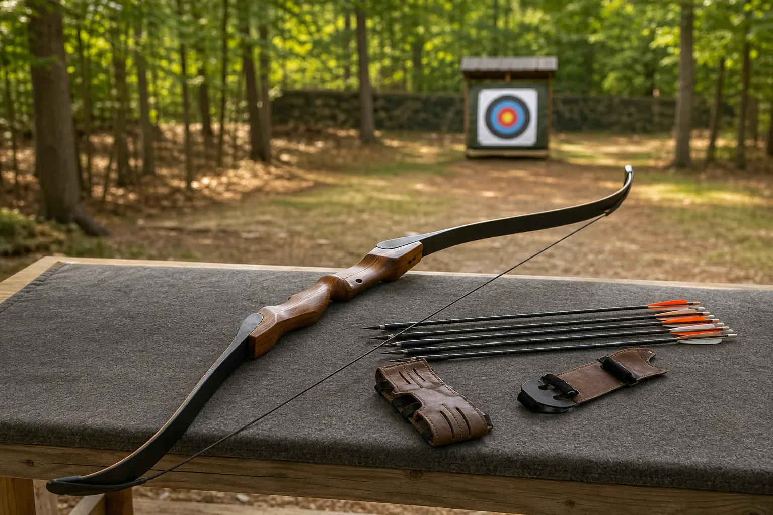 A modern recurve bow lies safely on a range table with arrows and basic archery gear beside it.