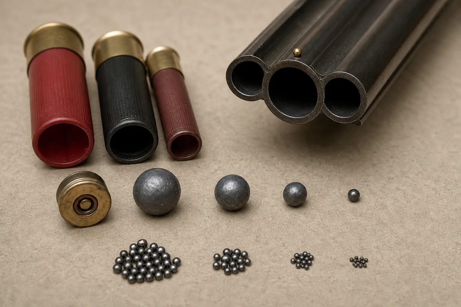 A close up still life showing a shotgun barrel section and different size round projectiles arranged to illustrate gauge as a measure of bore size.